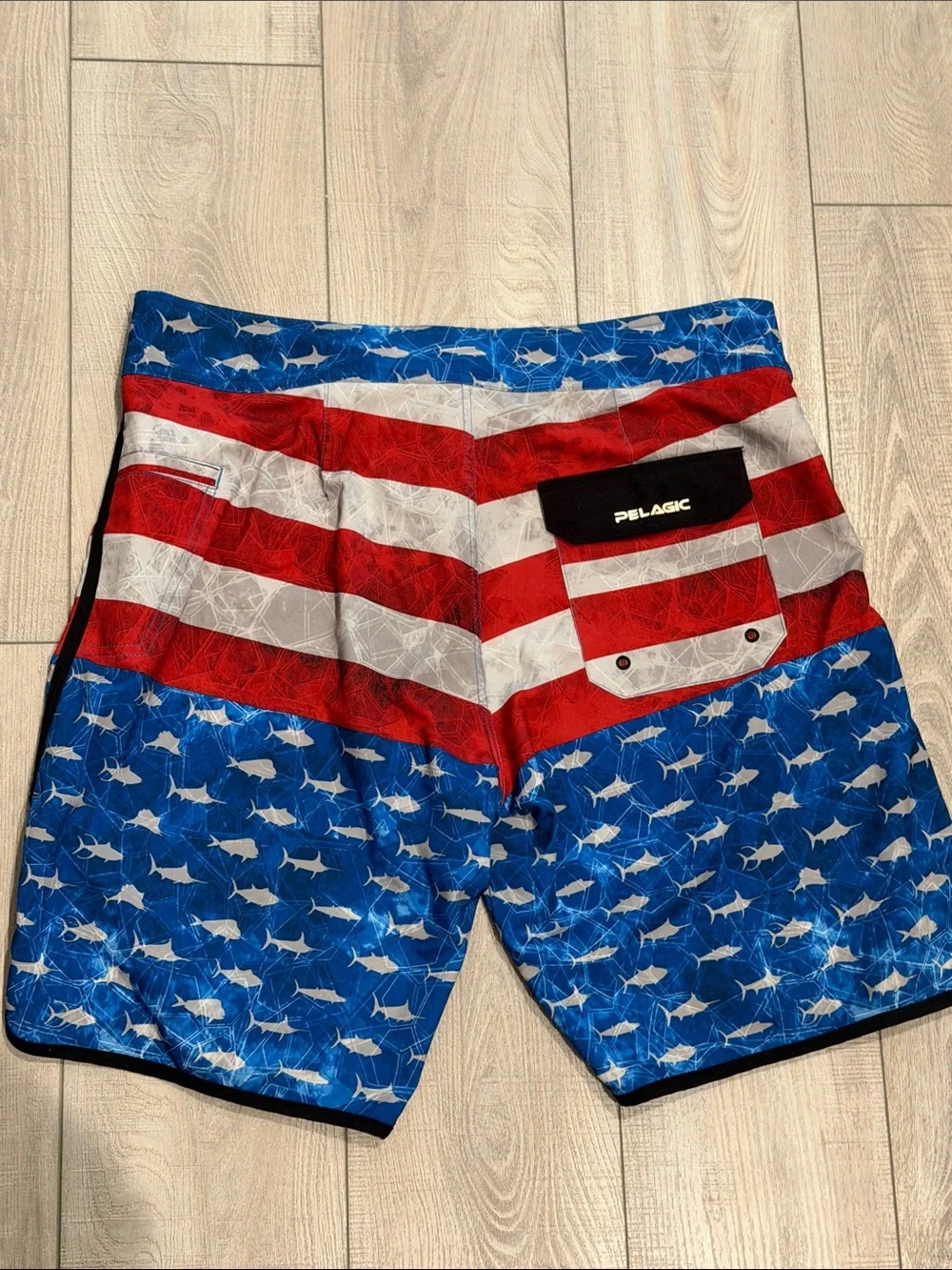 Pelagic Men’s Drawstring Swim Trunks- Size 36- Black/Neon and Patriotic
